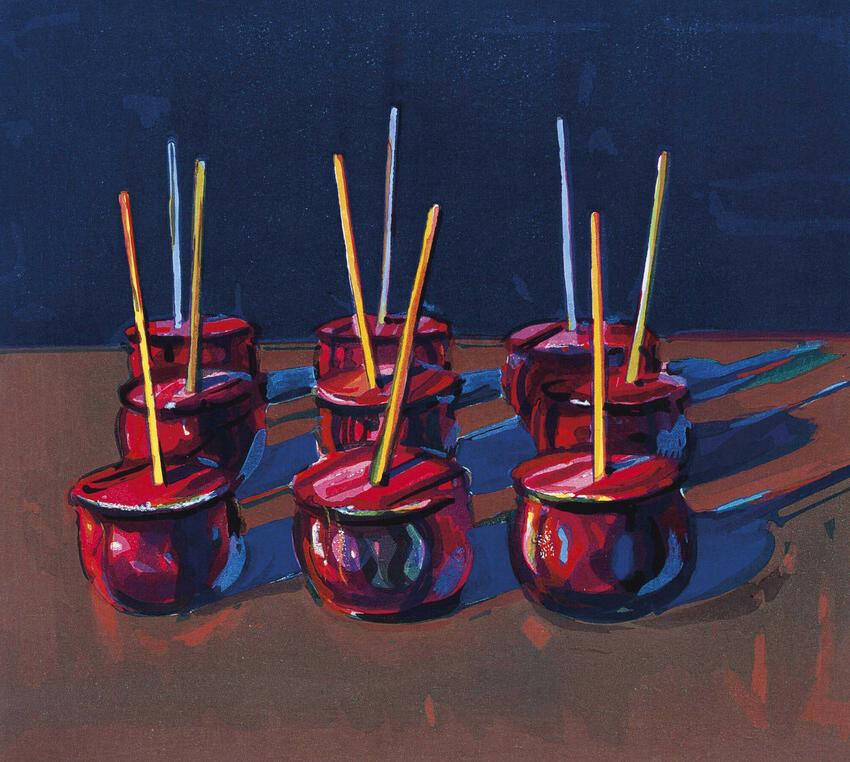 Wayne Thiebaud, Candy Apples, 1987, woodcut, ed. 5 of 200, Gift of the estate of Robert & Jeannette Powell